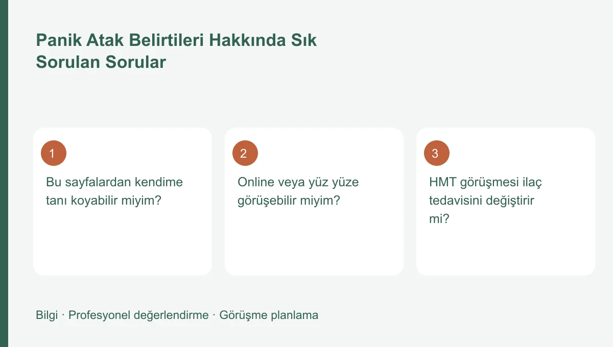 Panik Atak Belirtileri Hakkında Sık Sorulan Sorular için üç başlığı gösteren bilgi şeması